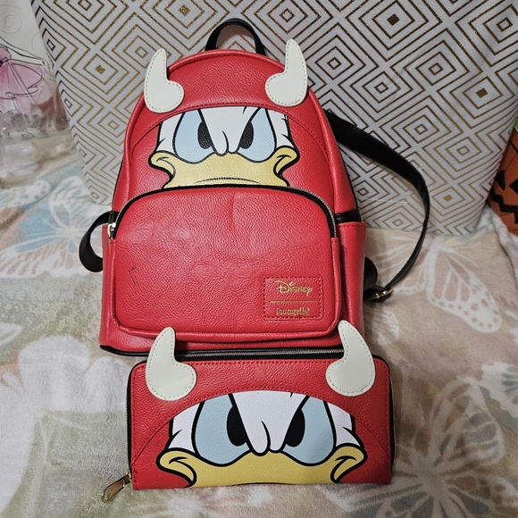 Disney Loungefly Halloween Devil Donald Duck Backpack Bag and Wallet - Picture 1 of 12